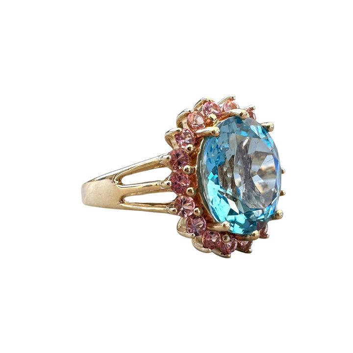 Vintage 14K Gold 6.00 Carat Oval Blue Topaz and Pink Sapphire Halo Cocktail Ring