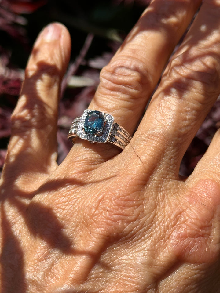 London, Blue Topaz Diamond Halo Princess 2.50ctw Wide Band Ring