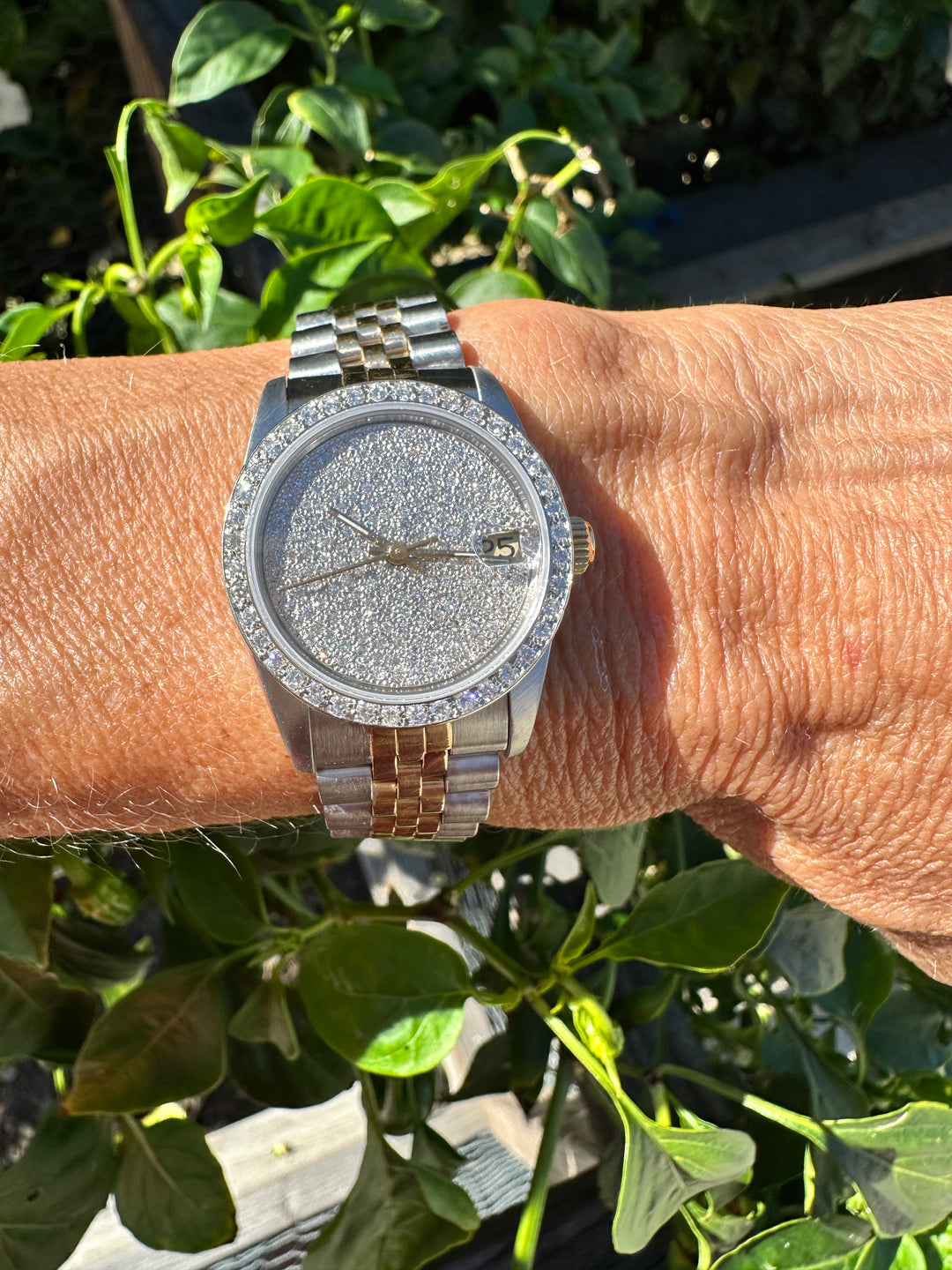 18 karat 2-Tone Rolex Datejust 31 mm Watch 4ctw Diamond Pave Dial and Bezel