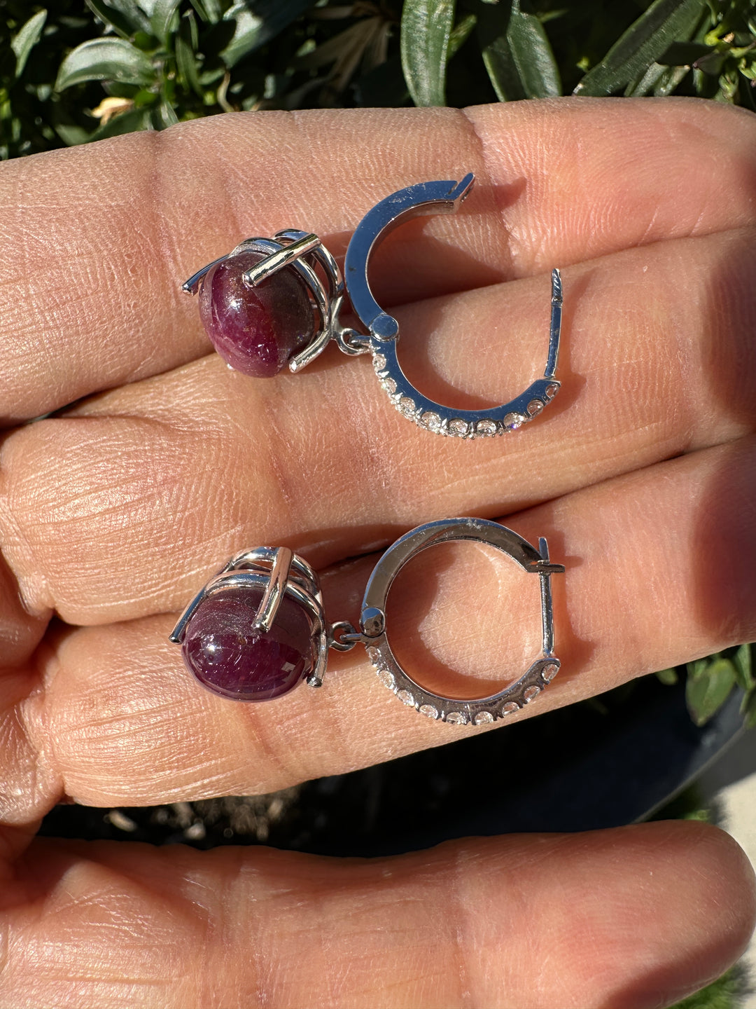 14kt 5cts Star Ruby, 1/3ct diamond hinge hoop earrings