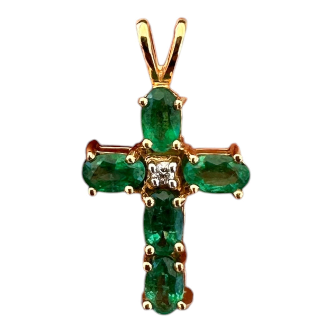 Modern 14K Gold 0.75 CT Emerald Cross Pendant with Diamond Accents (22 x 12 mm)