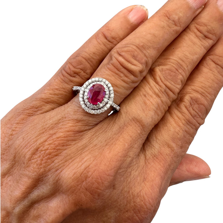14kt White Gold 1.40 Carat Oval Ruby and Double Diamond Halo Cocktail Ring