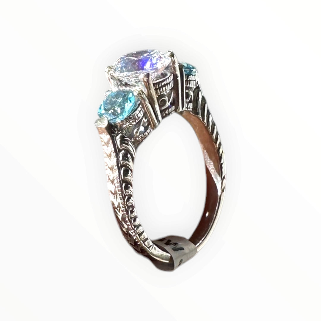 14 Karat White Gold, Three Stone Neon Apetite Etched Engraved Ring