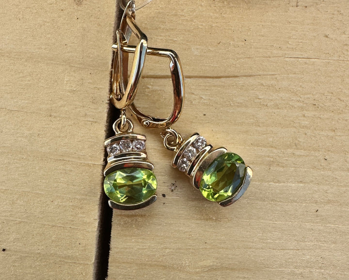 14K Yellow Gold 1.50ct Peridot and 1/4ct Diamond Leverback Dangle Earrings