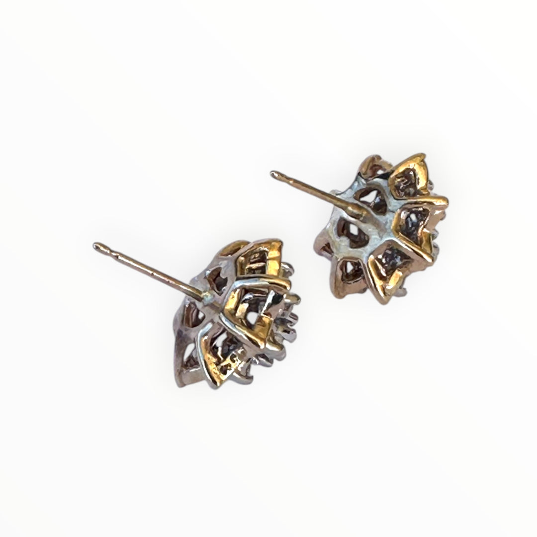 Vintage 14 Karat Two-Tone Gold Diamond Starburst Cluster Stud Earrings, 0.50 CTW
