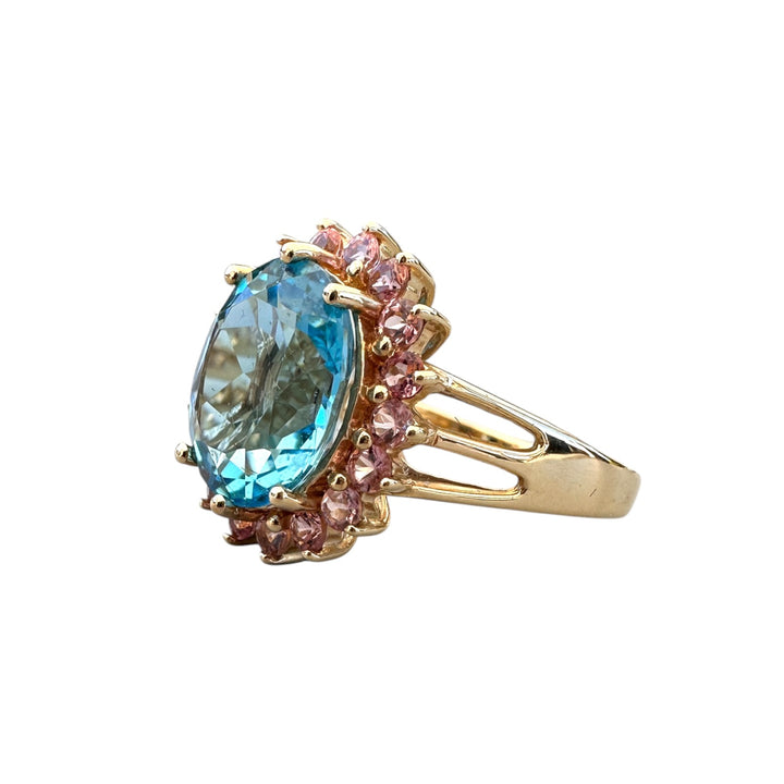 Vintage 14K Gold 6.00 Carat Oval Blue Topaz and Pink Sapphire Halo Cocktail Ring