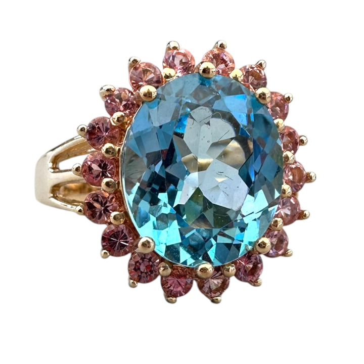 Vintage 14K Gold 6.00 Carat Oval Blue Topaz and Pink Sapphire Halo Cocktail Ring