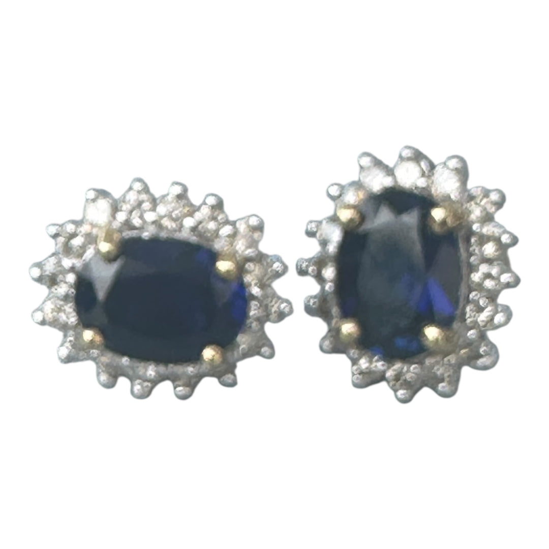 Two tone, 2 carat, sapphire, and diamond, halo stud earrings