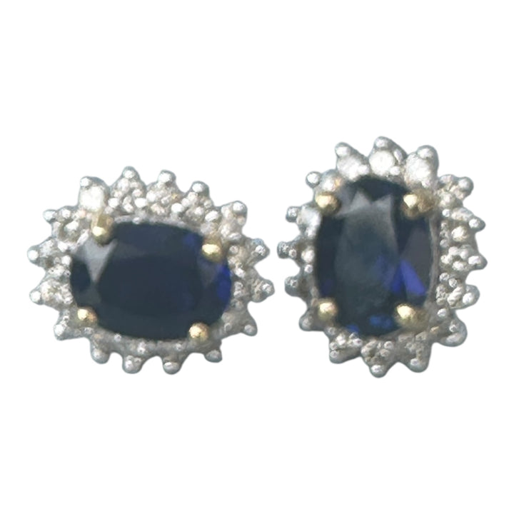 Two tone, 2 carat, sapphire, and diamond, halo stud earrings