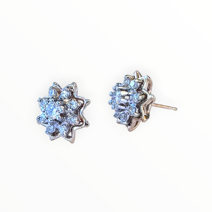 Vintage 14 Karat Two-Tone Gold Diamond Starburst Cluster Stud Earrings, 0.50 CTW