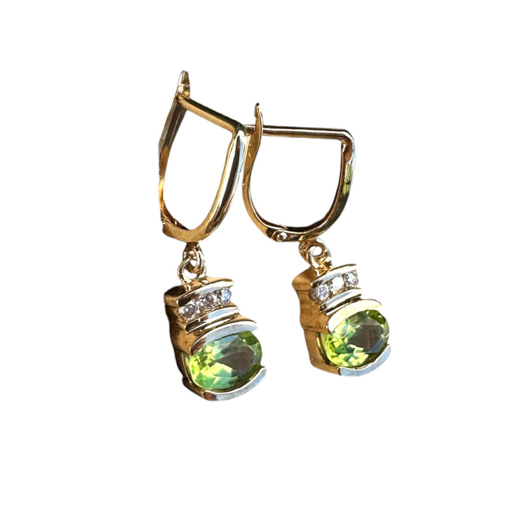 14K Yellow Gold 1.50ct Peridot and 1/4ct Diamond Leverback Dangle Earrings