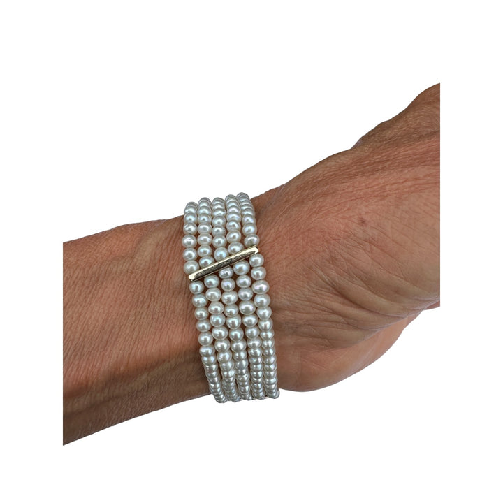Vintage 14K Yellow Gold Five-Strand Grey Pearl Cuff Bracelet