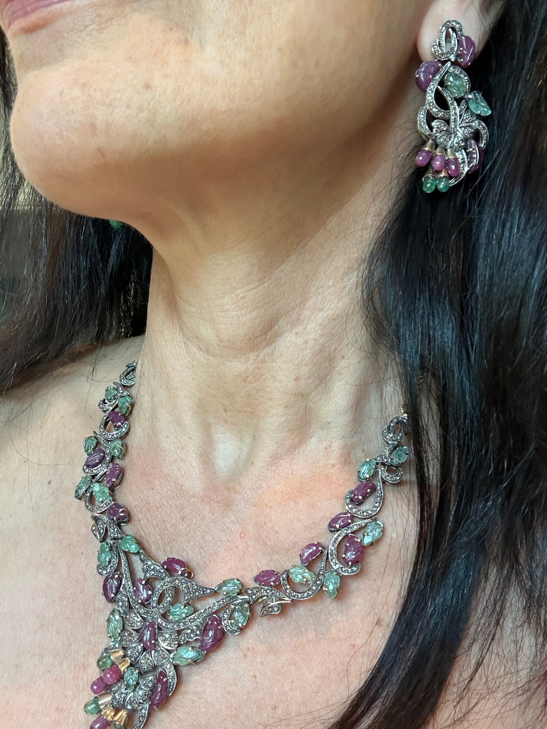 Eastern Inspired Ruby & Emerald Beryl Leaf Motif Necklace Earrings Set