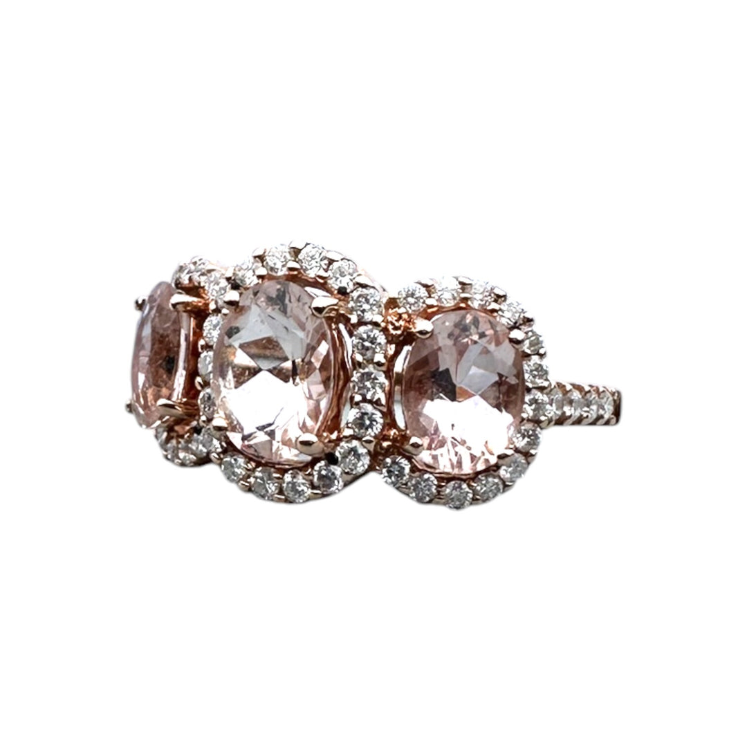 14 karat pink gold, 3-stone Morganite diamond halo ring