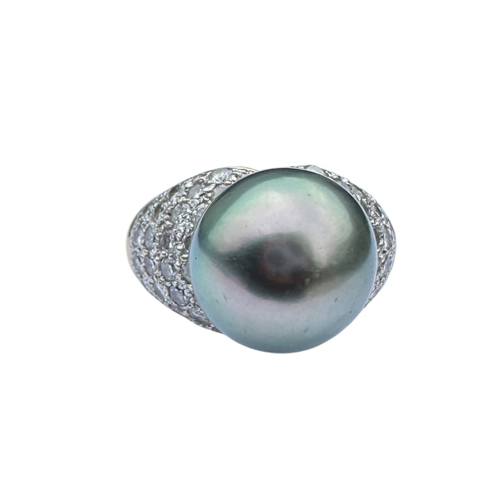Mid-century, 18 karat Tahitian 12 mm pearl with 1.50 carat diamonds