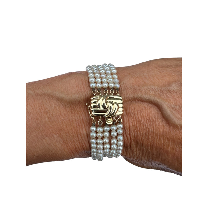 Vintage 14K Yellow Gold Five-Strand Grey Pearl Cuff Bracelet