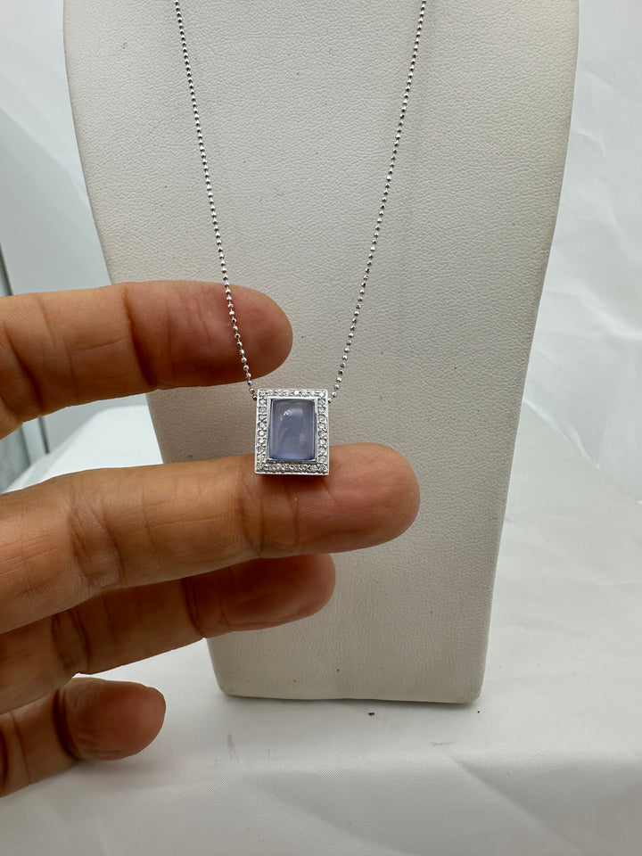 18 karat Chalcedony Gemstone and Diamond Halo Pendant With Chain