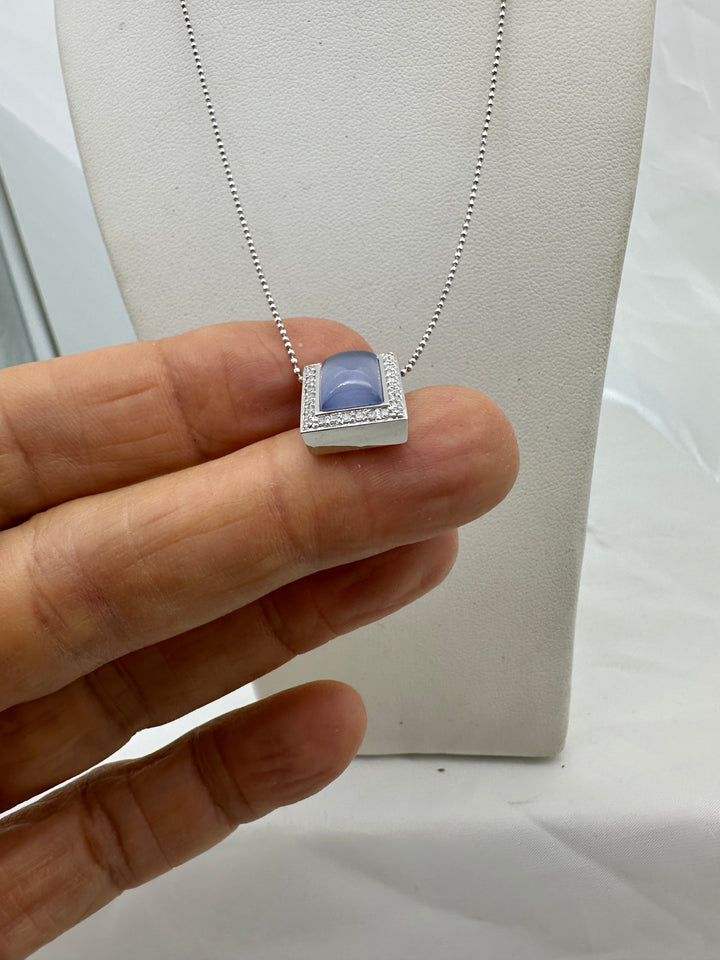 18 karat Chalcedony Gemstone and Diamond Halo Pendant With Chain