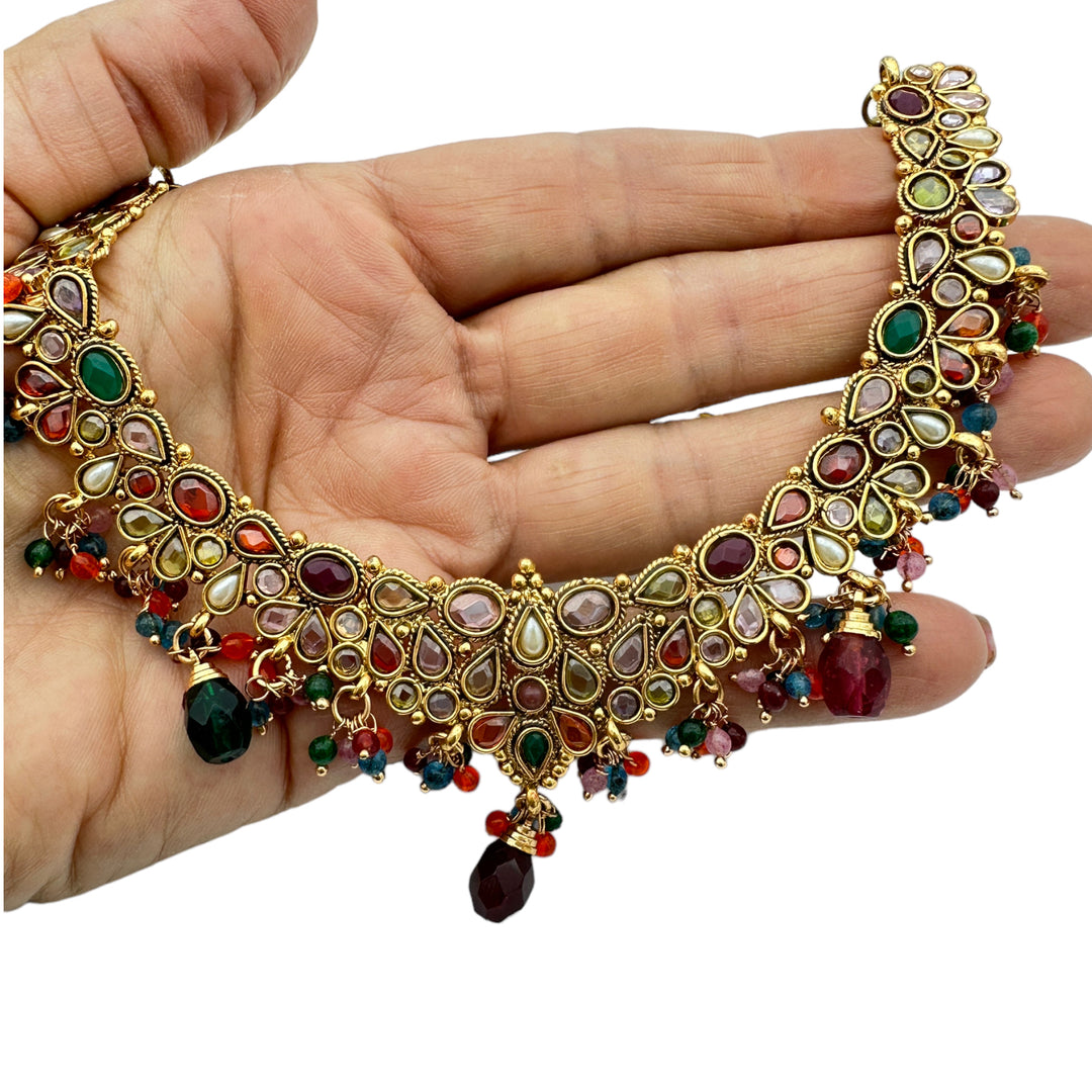 Egyptian Red Dangle, Jeweled Gem Necklace 24kt Yellow Gold Overlay