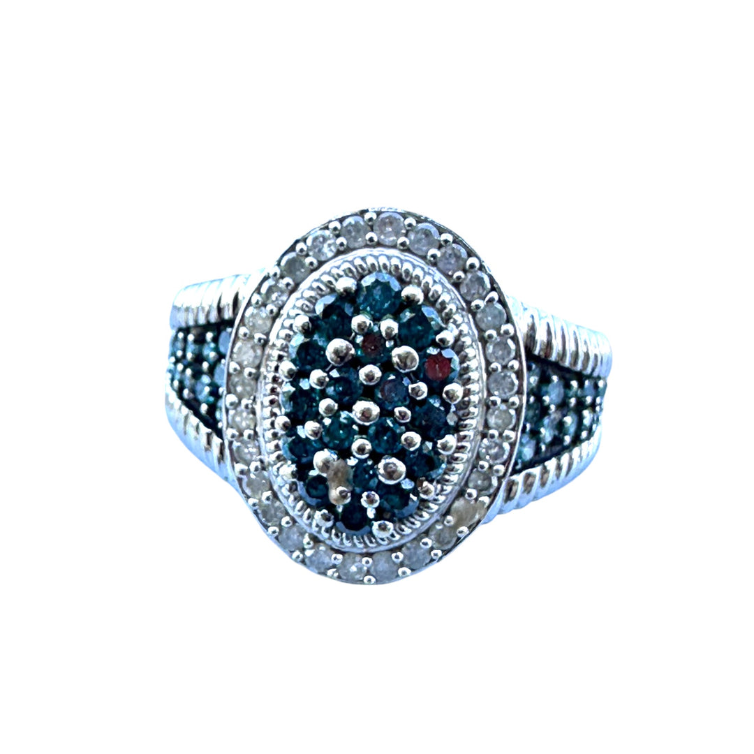 White Gold Blue and White Diamond Halo Statement 1.75ct Halo Ring