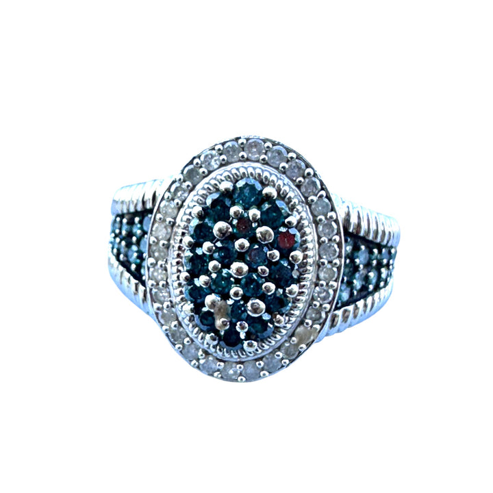 White Gold Blue and White Diamond Halo Statement 1.75ct Halo Ring