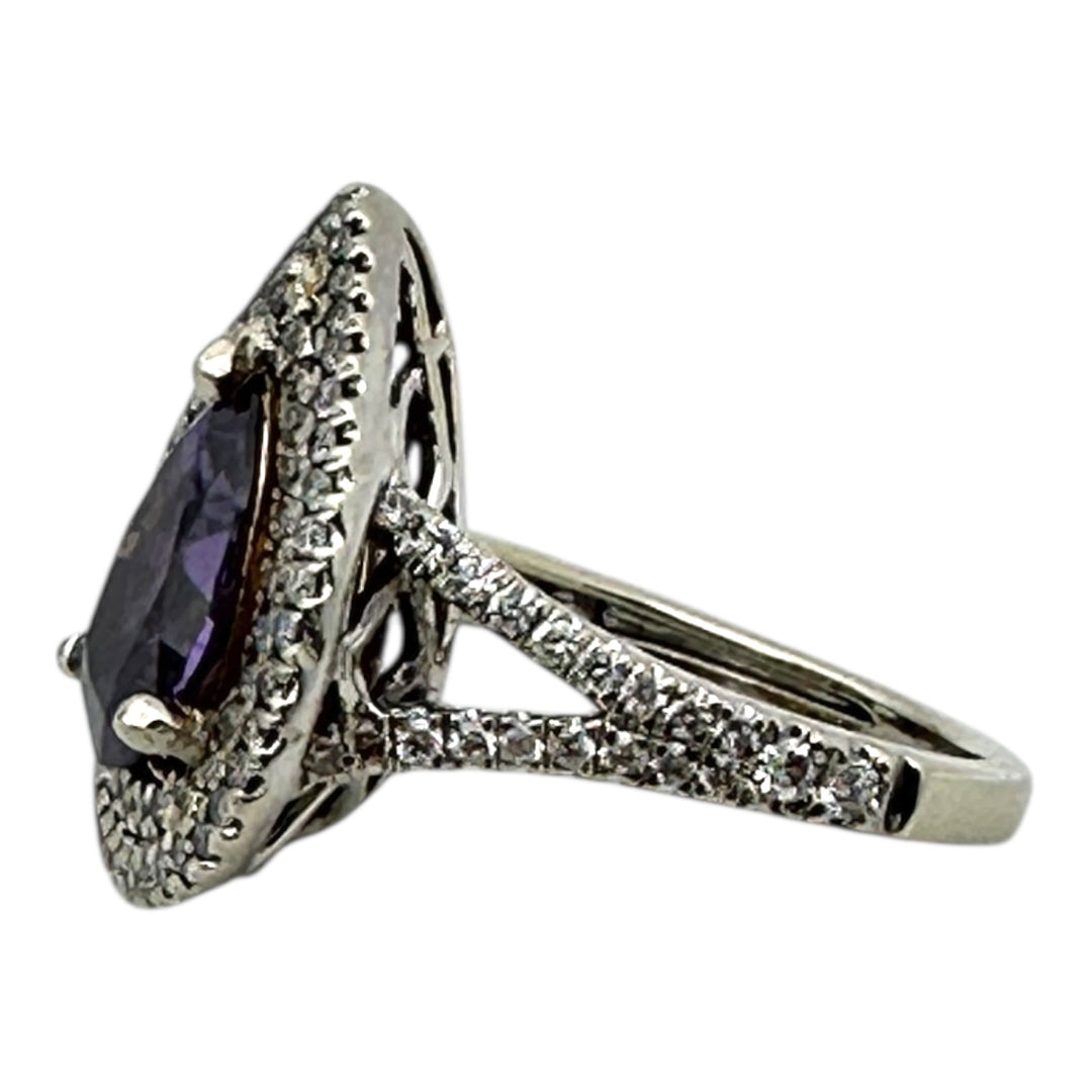 14 karat pear shaped Brazilian Amethyst diamond halo ring