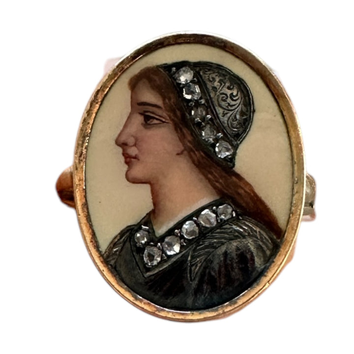 1800s, Renaissance Diamond Encrusted Cameo Ring, Vibrantly Painted