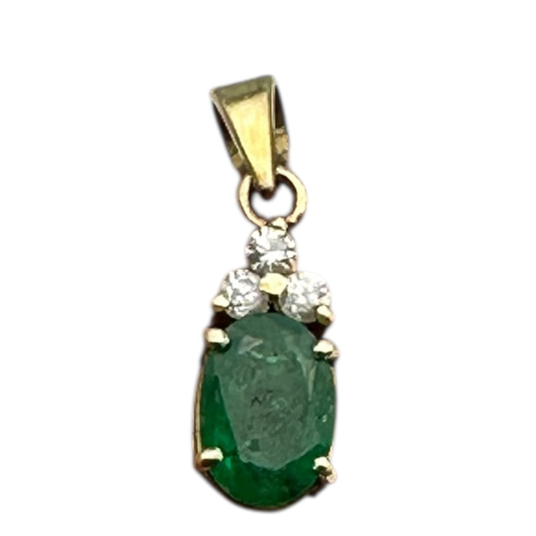 14 Karat 1.00 Carat Oval-Emerald and Diamond drop Pendant