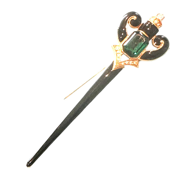 Art Deco Black And Emerald Daggar Pin Brooch, 4”