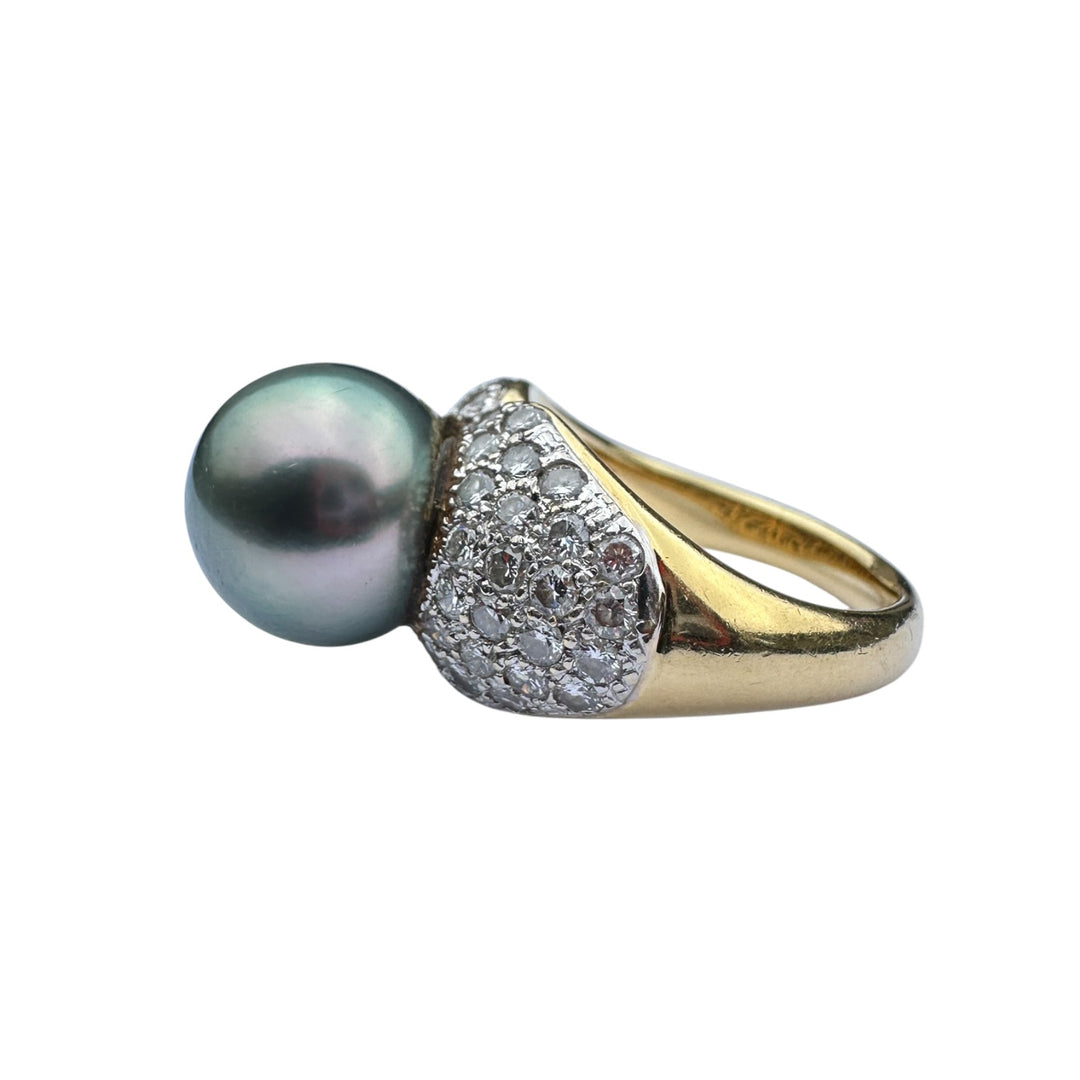 Mid-century, 18 karat Tahitian 12 mm pearl with 1.50 carat diamonds