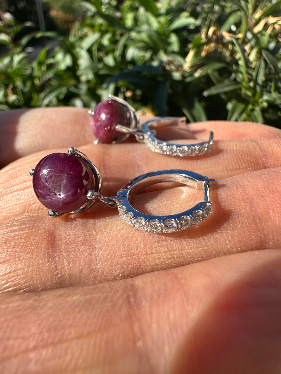 14kt 5cts Star Ruby, 1/3ct diamond hinge hoop earrings
