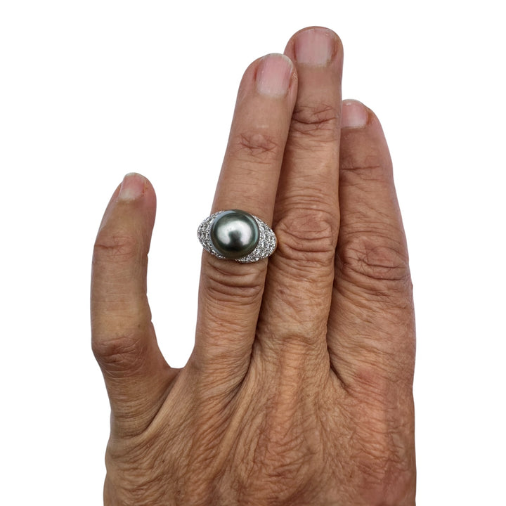 Mid-century, 18 karat Tahitian 12 mm pearl with 1.50 carat diamonds