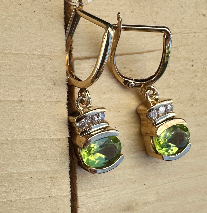 14K Yellow Gold 1.50ct Peridot and 1/4ct Diamond Leverback Dangle Earrings