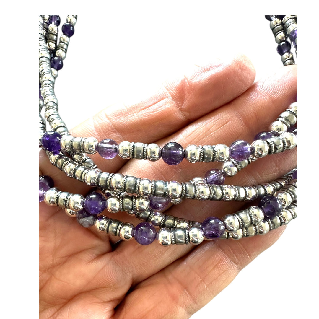 Designer, sterling beaded 5-strand amethyst 26" necklace