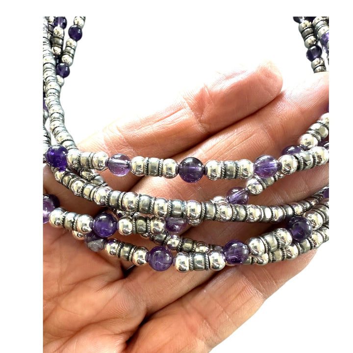 Designer, sterling beaded 5-strand amethyst 26" necklace