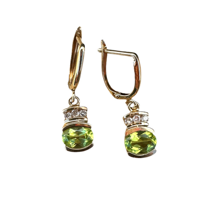 14K Yellow Gold 1.50ct Peridot and 1/4ct Diamond Leverback Dangle Earrings