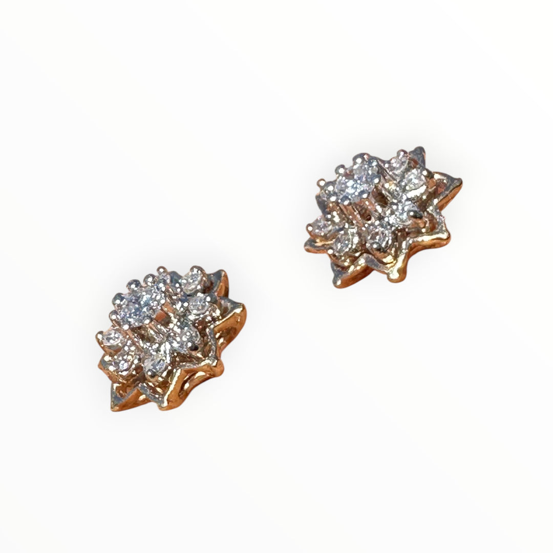 Vintage 14 Karat Two-Tone Gold Diamond Starburst Cluster Stud Earrings, 0.50 CTW