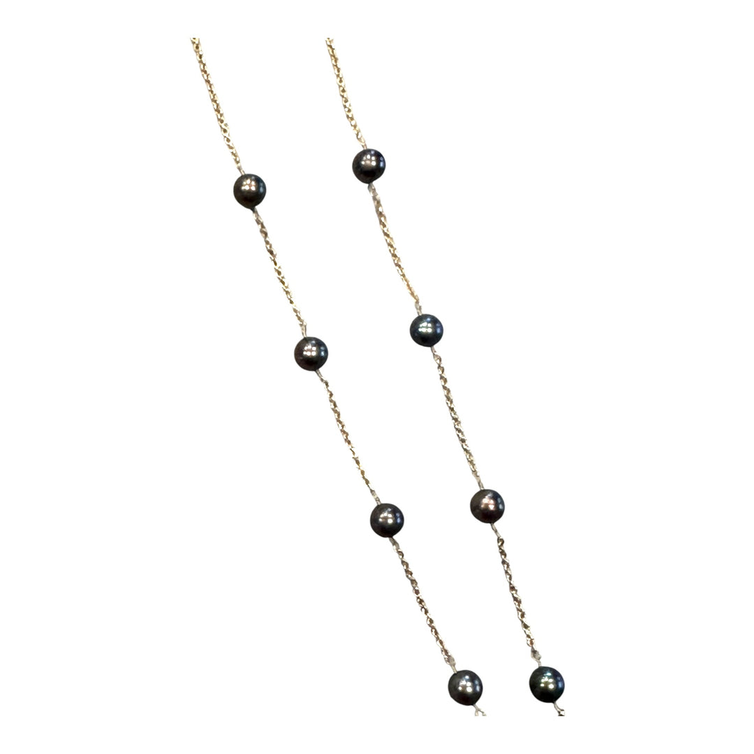 14K Yellow Gold 5.75mm Natural Black Akoya Pearl Chain Necklace AAA Iridescent