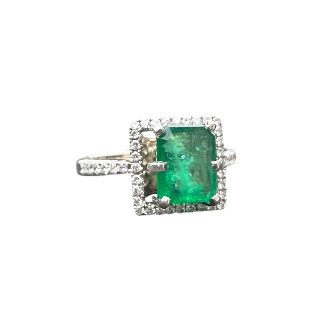 14kt Gold 2.48 Carat Colombian Emerald and Diamond Halo Ring