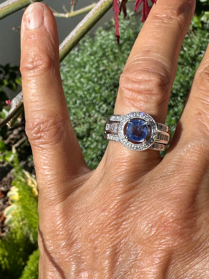 14 Karat White Gold 2.25TCW Blue Sapphire Halo Diamond and Baguette Ring