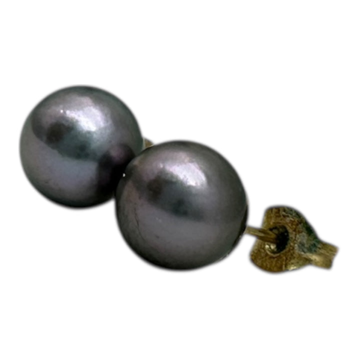 14 karat, gold 7 mm Akoya, gray cultured pearls earrings studs AAA quality￼