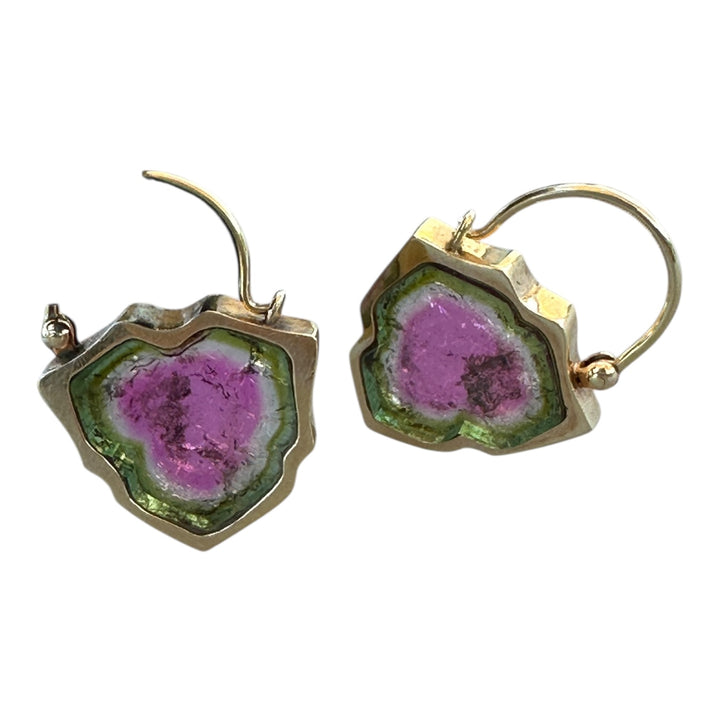 18K Solid Yellow Gold Diamond Accent 28CT Watermelon Tourmaline Slice Earrings