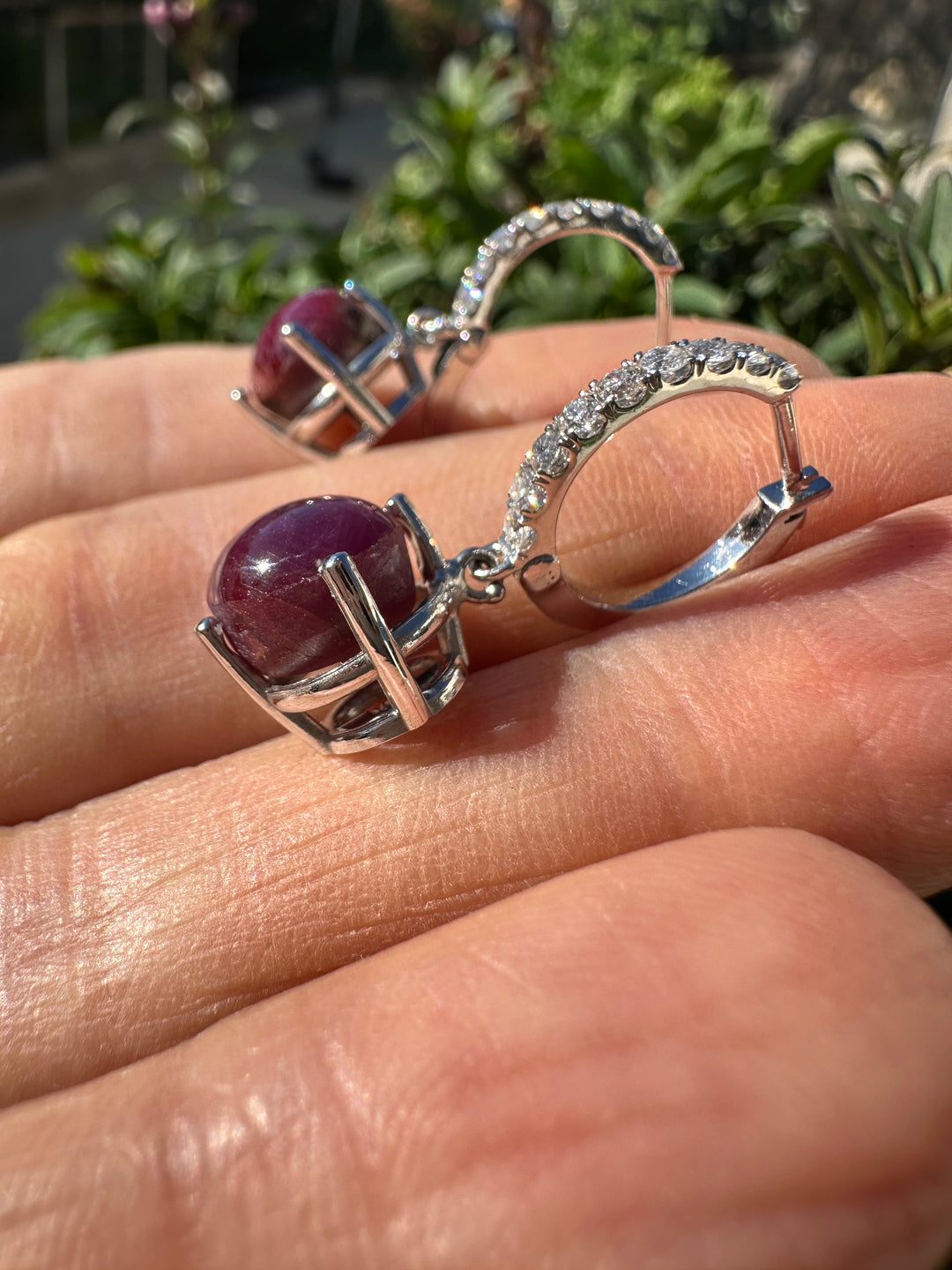 14kt 5cts Star Ruby, 1/3ct diamond hinge hoop earrings