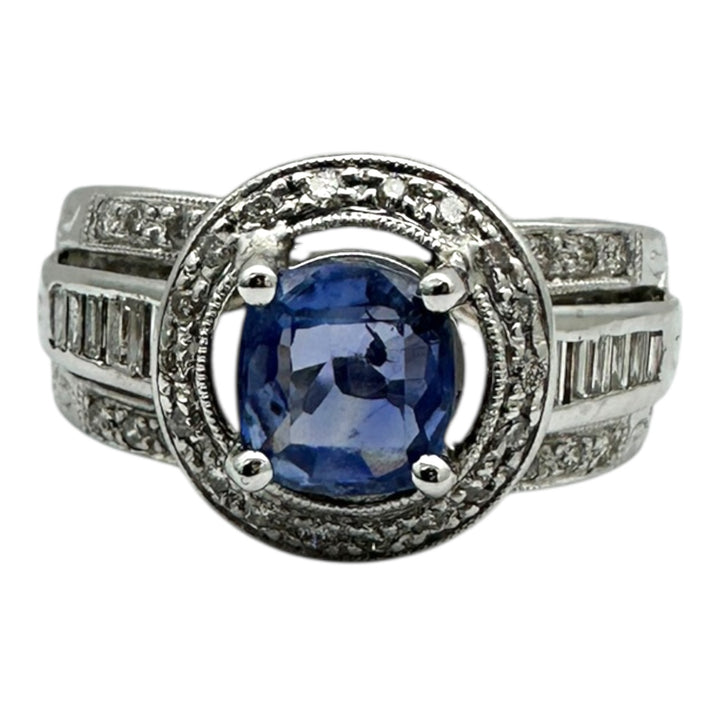 14 Karat White Gold 2.25TCW Blue Sapphire Halo Diamond and Baguette Ring