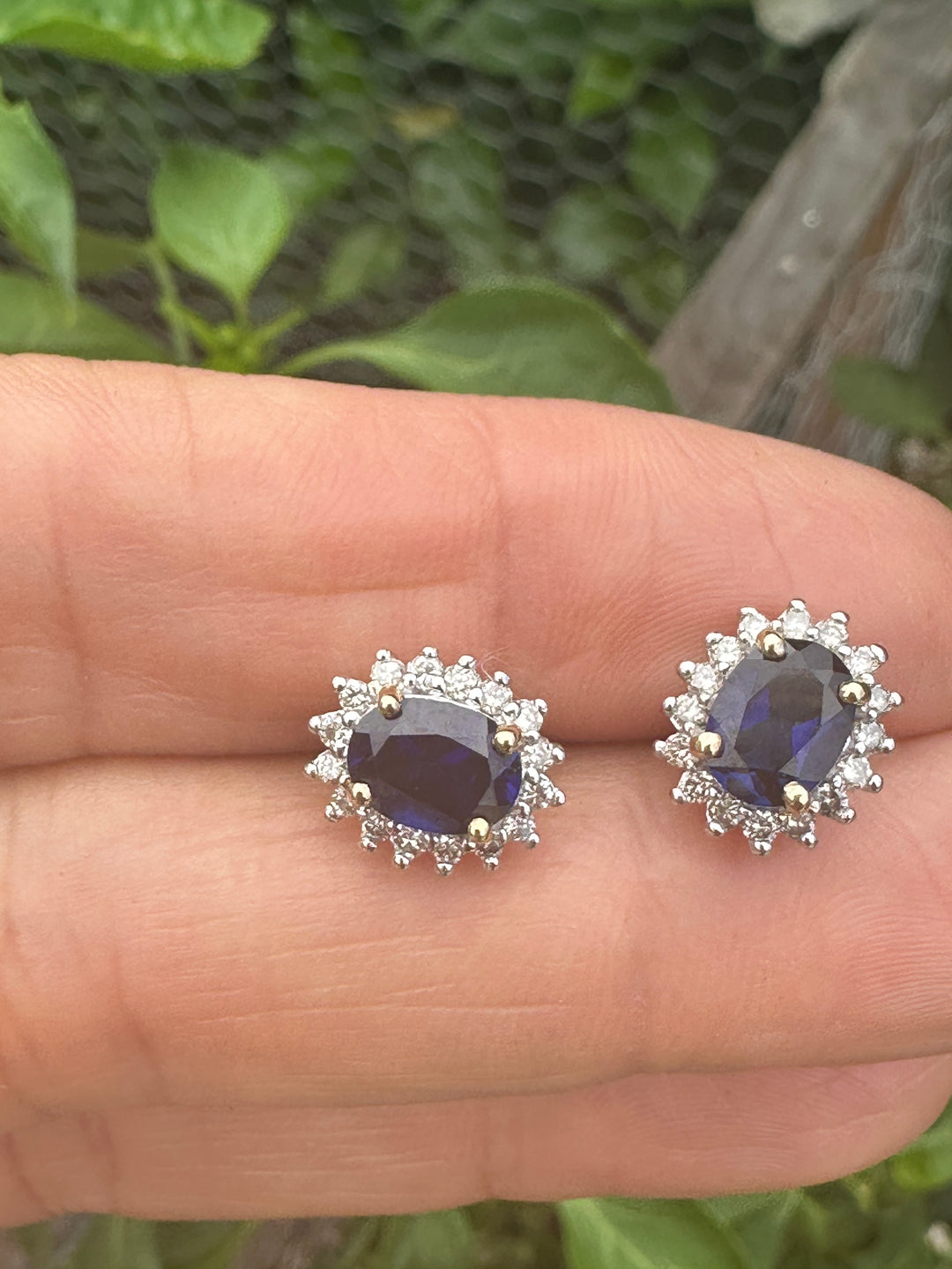 Two tone, 2 carat, sapphire, and diamond, halo stud earrings