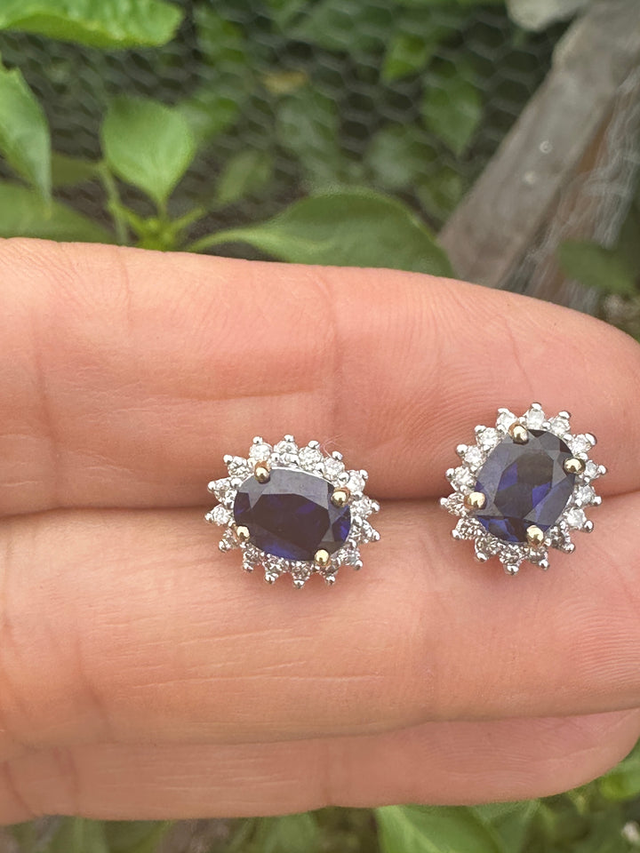 Two tone, 2 carat, sapphire, and diamond, halo stud earrings