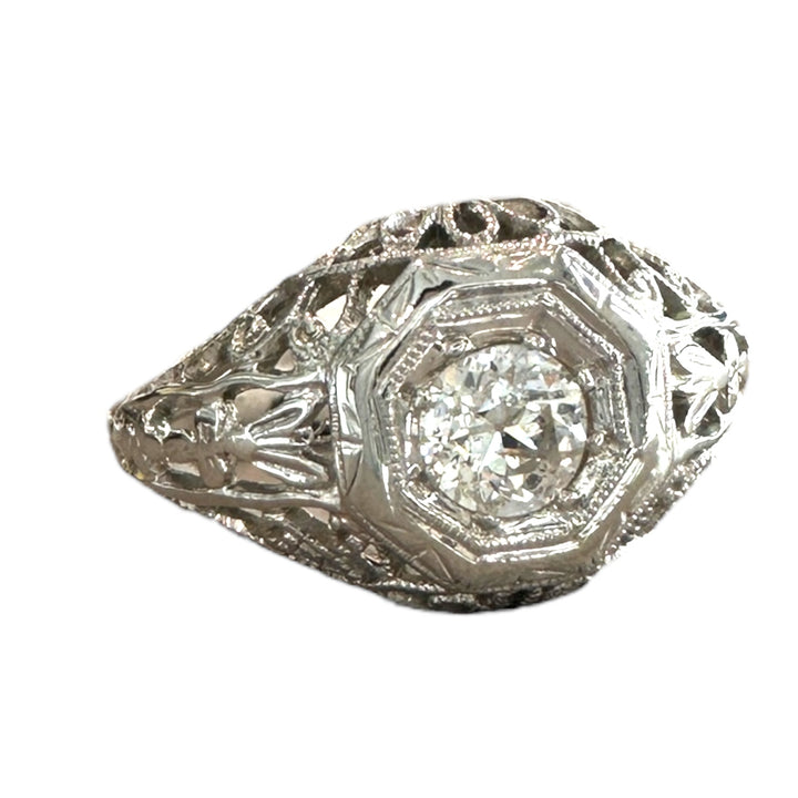 Art deco 18 karat white gold filigree .39 carat diamond ring