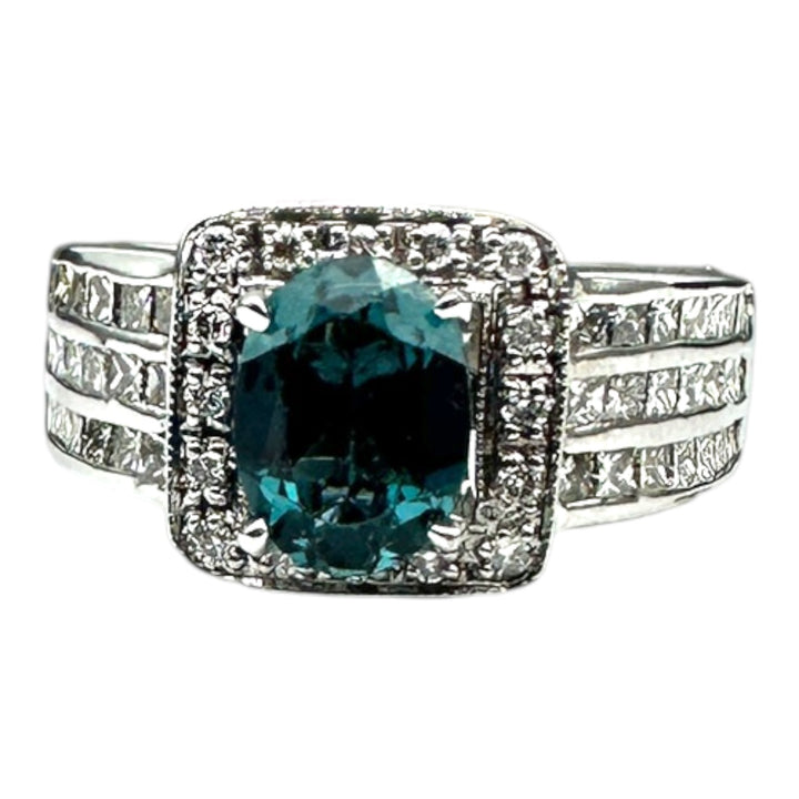 London, Blue Topaz Diamond Halo Princess 2.50ctw Wide Band Ring