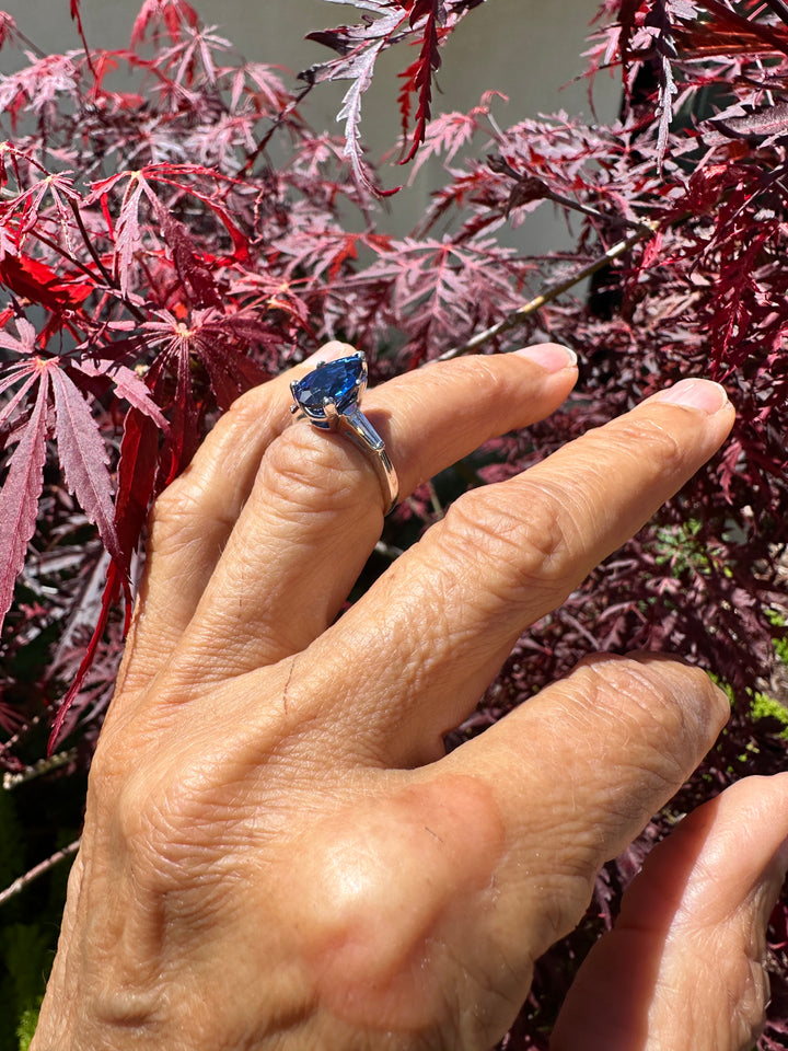 Mid Century Platinum 3-Stone 4.40ctw, Lab-Sapphire and Baguette Diamond Ring