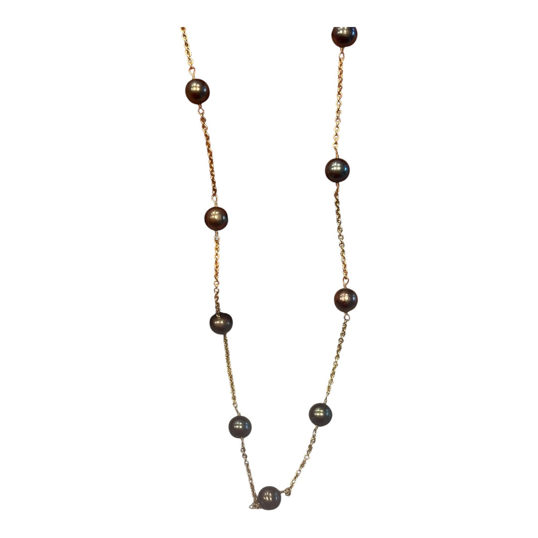 14K Yellow Gold 5.75mm Natural Black Akoya Pearl Chain Necklace AAA Iridescent